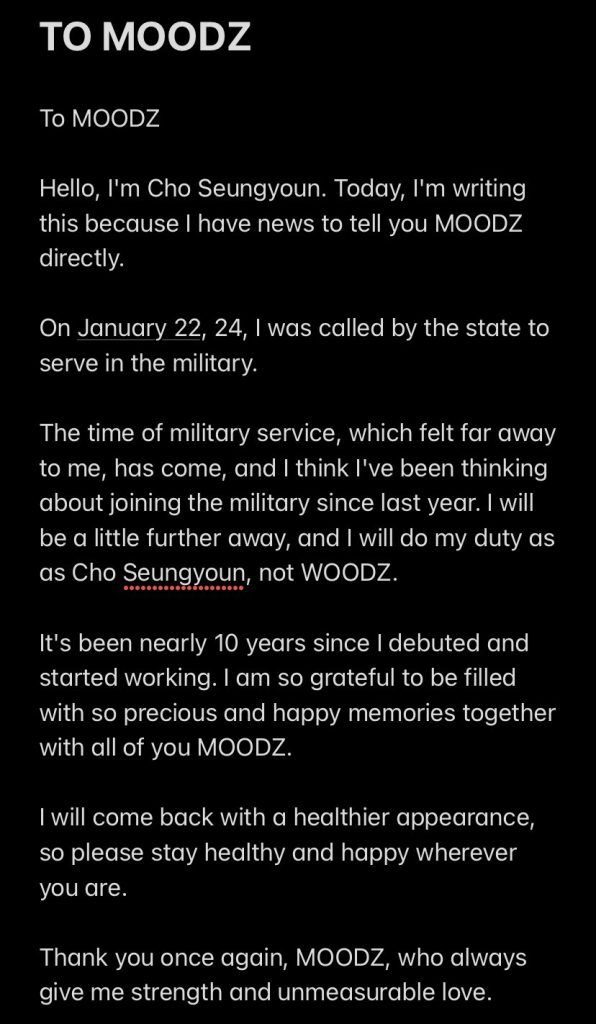 WOODZ carta enlistamiento militar